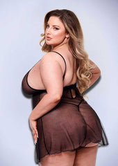 2 Pc Strappy Lace and Mesh Babydoll - Black - Queen - Set