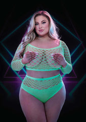 2pc Glow In The Dark Long Sleeve Crop Top and Panty - Glow In The Dark/Green - Queen - Set