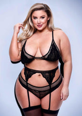 3pc Lace and Mesh Bra Garter Panty - Black - Queen - Set