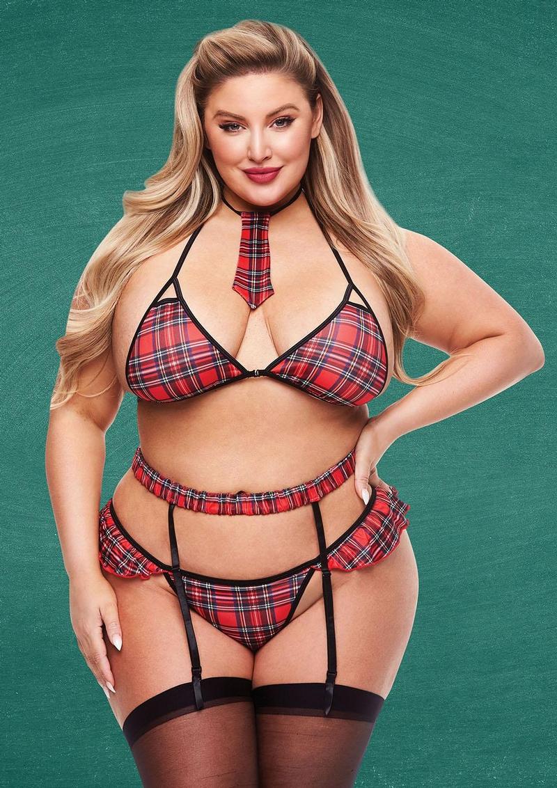 Criss-Cross Schoolgirl - Black/Red/White - Queen - Set