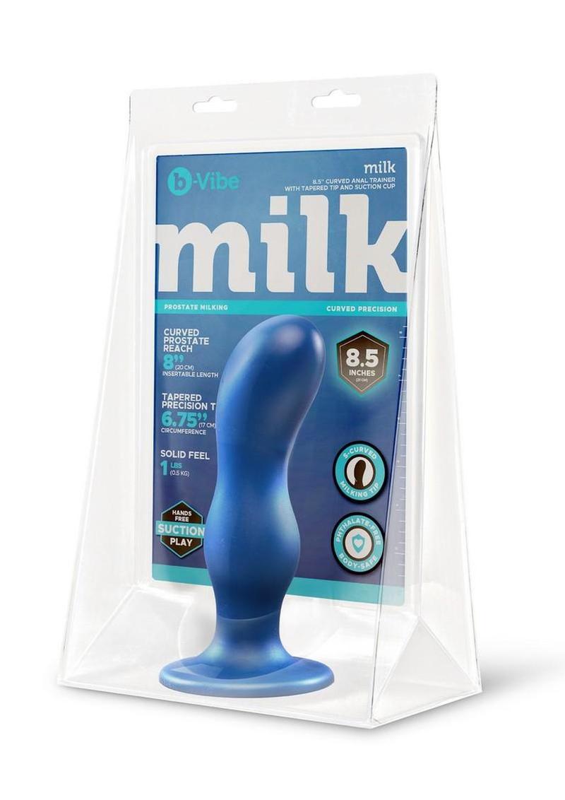 B-Vibe Milk Curved Anal Trainer with Tapered Tip and Suction Cup - Blue - 8.5in