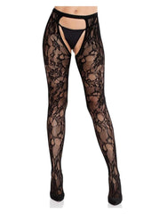 Eyelet Rose Lace Crotchless Tights with Cheeky Open Back - Black - One Size
