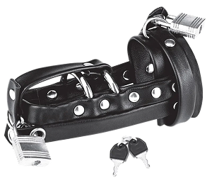 Blue Line C and B Gear Gimp Cock Locking Chastity Sheath with Metal Double Cock Ring - Black/Metal