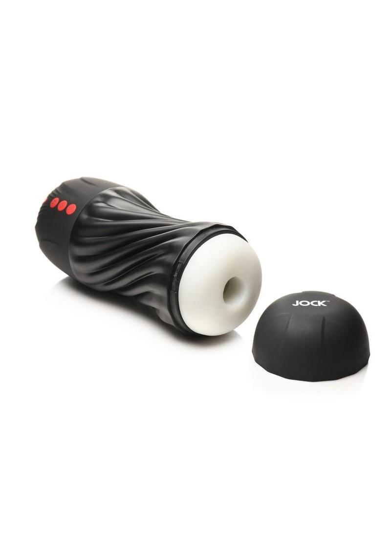 Jock Sucking and Vibrating Rechargeable Masturbator - Black/Red/White - 9.2in