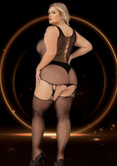 Key Hole Suspender Hose Bodystocking - Black - Queen