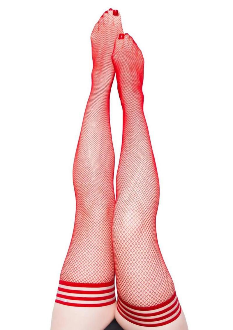 Kixies Sandra Fishnet Thigh High - Size D - Red - XLarge