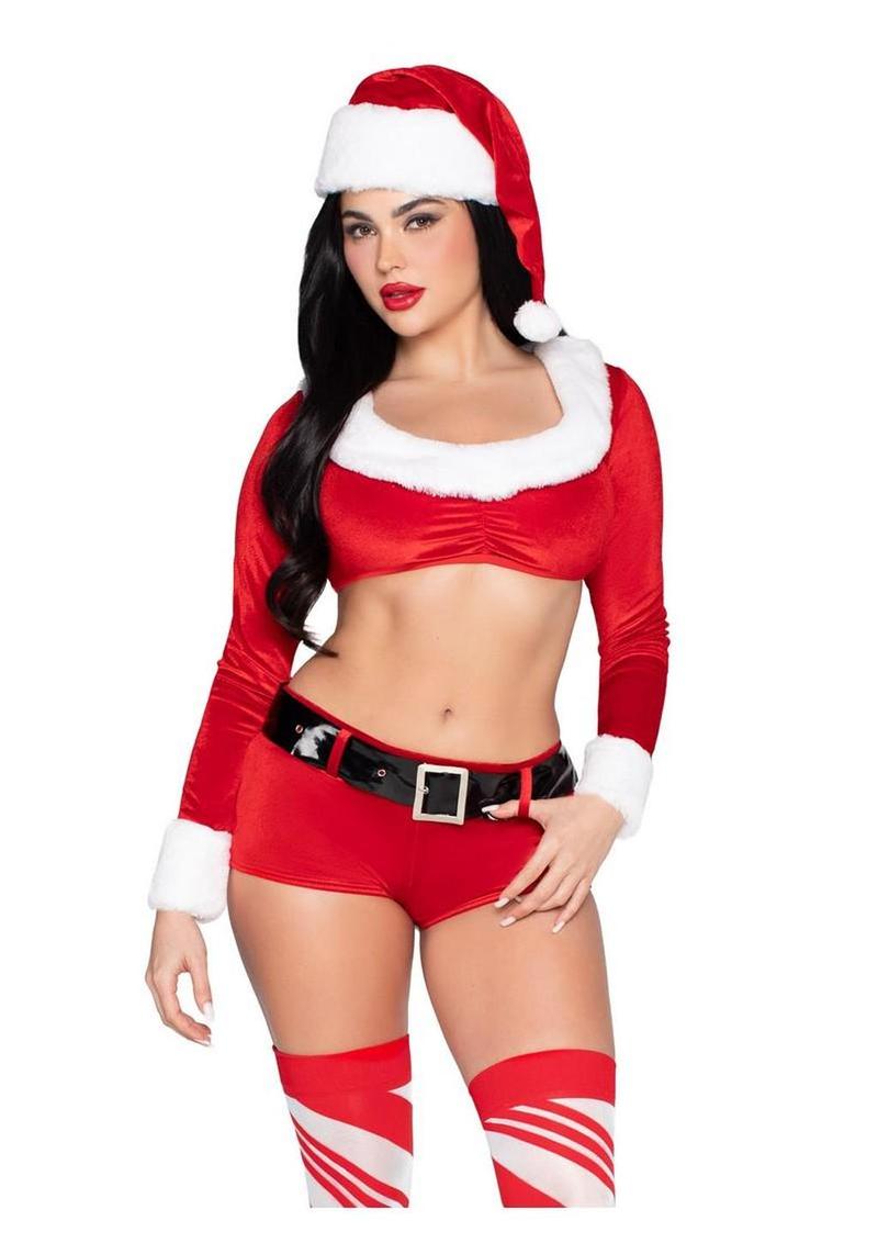 Leg Avenue Christmas Cutie Costume, Velvet Crop Top with Faux Fur Trim, Shorts, Belt and Santa Hat - Red/White - Medium - 4 Piece