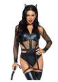 Leg Avenue Criminal Kitty Cut-Out Zip Up Bodysuit with Snap Crotch, Belt with Attached Garters, and Cat Ear Headband