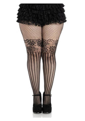 Leg Avenue Illusion Lace Top Net Striped Tights - 1x/2x - Black