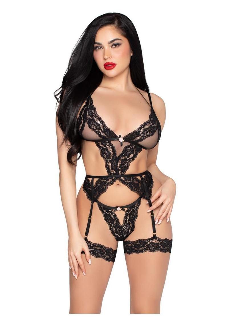 Leg Avenue Lace and Sheer Cami Garter with Rosette Accent and Matching G-String Panty - Black - Medium - 2 Piece
