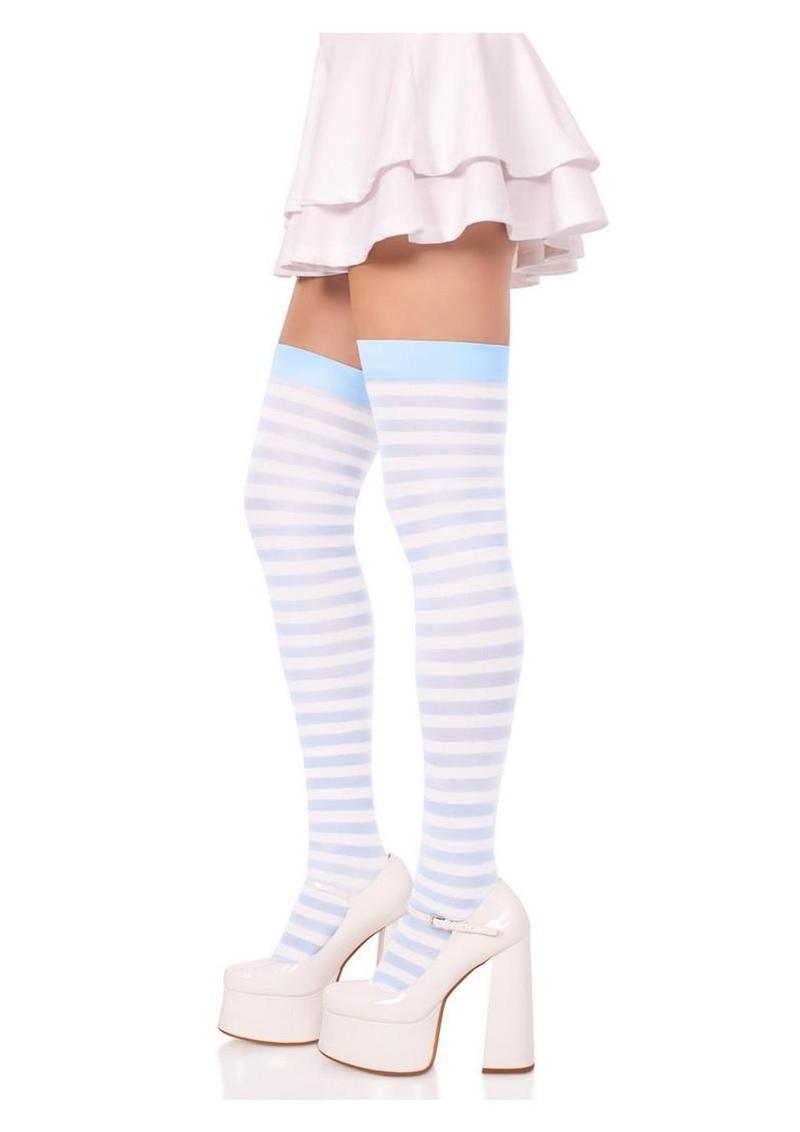 Leg Avenue Nylon Stocking with Stripe - Light Blue/White - One Size