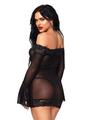 Leg Avenue Off The Shoulder Lace Trimmed Mesh Mini Dress with Lace Bell Sleeves and Matching G-String