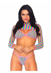 Leg Avenue Rainbow Fishnet Bikini Top, G-String, and Long Sleeved Crop Top - Multicolor - One Size - 3 Piece