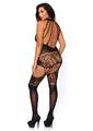 Leg Avenue Seamless Floral Lace Opaque Suspender Bodystocking with Shredded Strap Detail