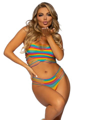 Leg Avenue Shredded Rainbow Heart Bandeau Top and Brazilian Panty - Multicolor - One Size - 2 Pieces