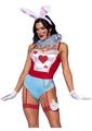 Leg Avenue Wonderland White Rabbit Snap Crotch Garter Bodysuit with Glitter Heart Detail and Attached Pocket Watch, Neck Ruffle, Bunny Ear Headband, and Pin-On Bunny Tail
