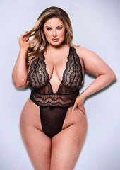 Sexy Deep V Lace Teddy - Black - Queen