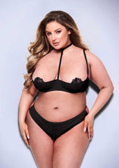 2pc Sexy Quarter Cup Bra and G-String - Black - Queen - Set