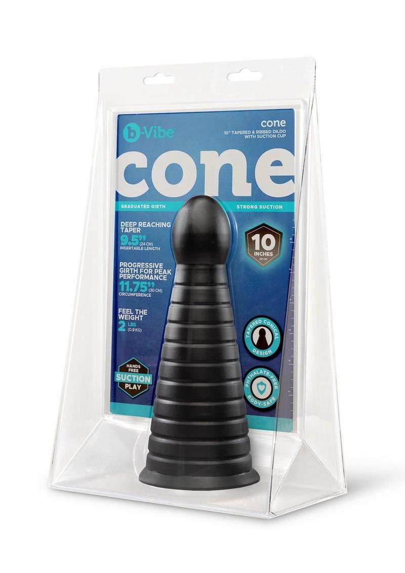 B-Vibe Cone Tapered and Ribbed Dildo with Suction Cup - Black - 10in