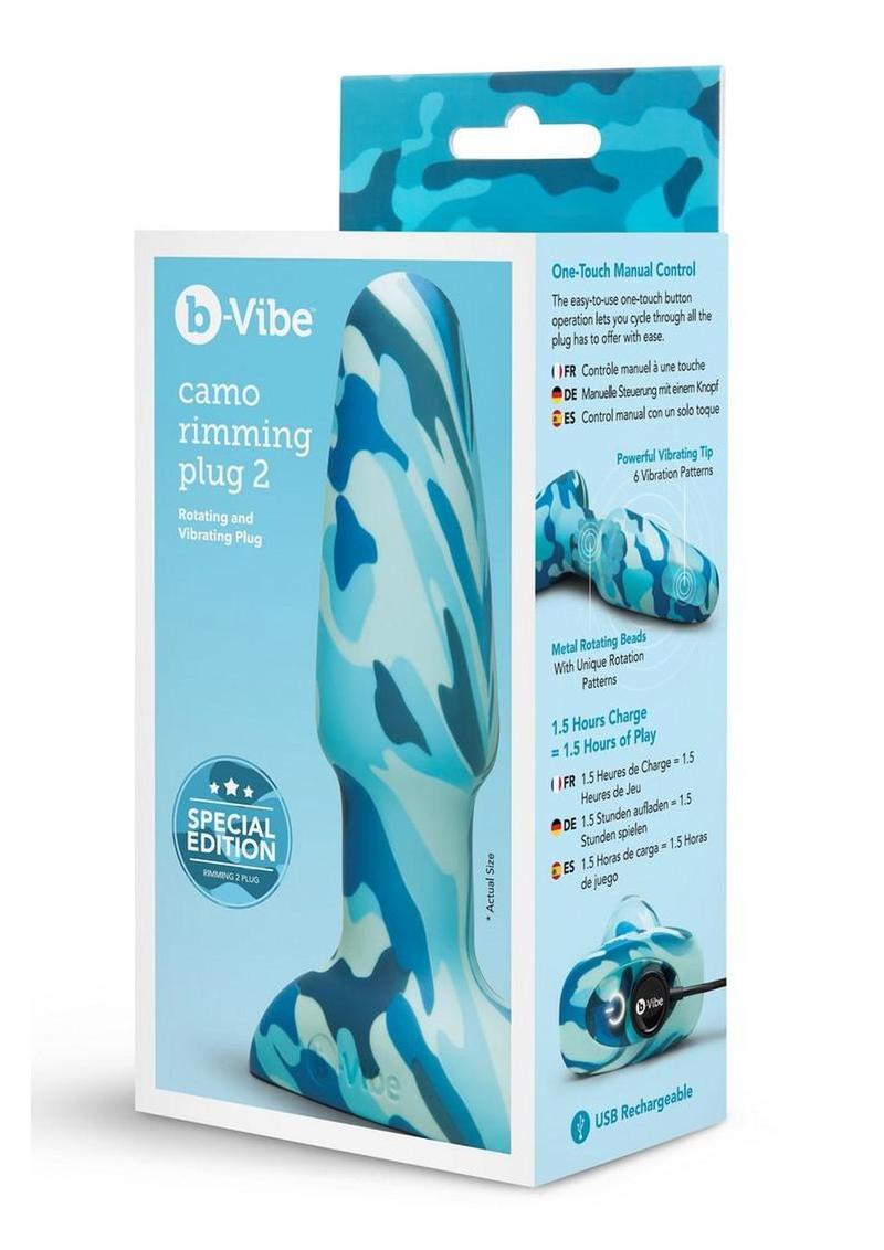 B-Vibe Rimming Plug 2 Rechargeable Silicone Anal Plug - Camo - Blue