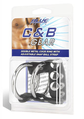 Blue Line C and B Gear Double Metal Cock Ring with Adjustable Snap Ball Strap - Black/Metal