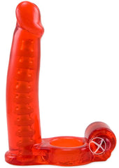 Double Penetrator Vibrating Cock Ring with Bendable Dildo - Red