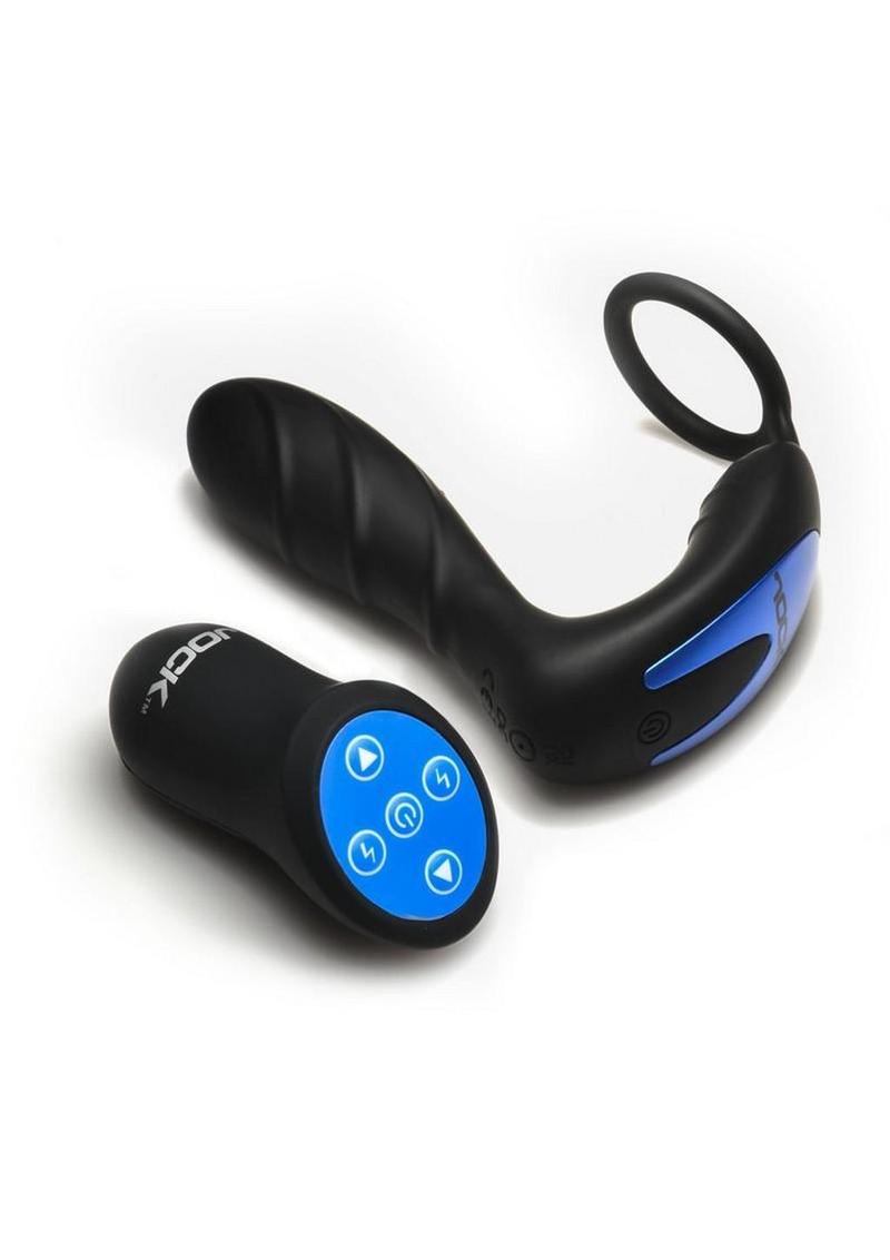 Jock Shockwave E-Stim Silicone Anal Plug with Cock Ring and Remote Control - Black