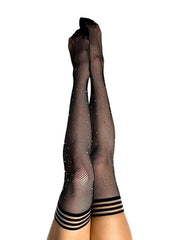 Kixies Angelica Rhinestone Fishnet Thigh Highs - Size A - Black - Small