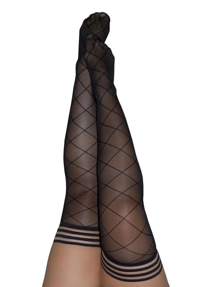 Kixies Anna Sheer Diamond Pattern Thigh Highs - Size D - Black - XLarge