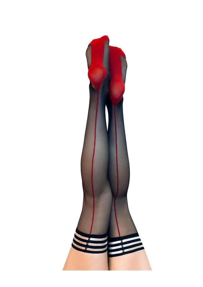 Kixies Ginny Sheer with Back Seamed Thigh Highs - Size A - Black/Red - Small