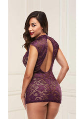 Lace Keyhole Mini Dress - Purple - Medium/Small
