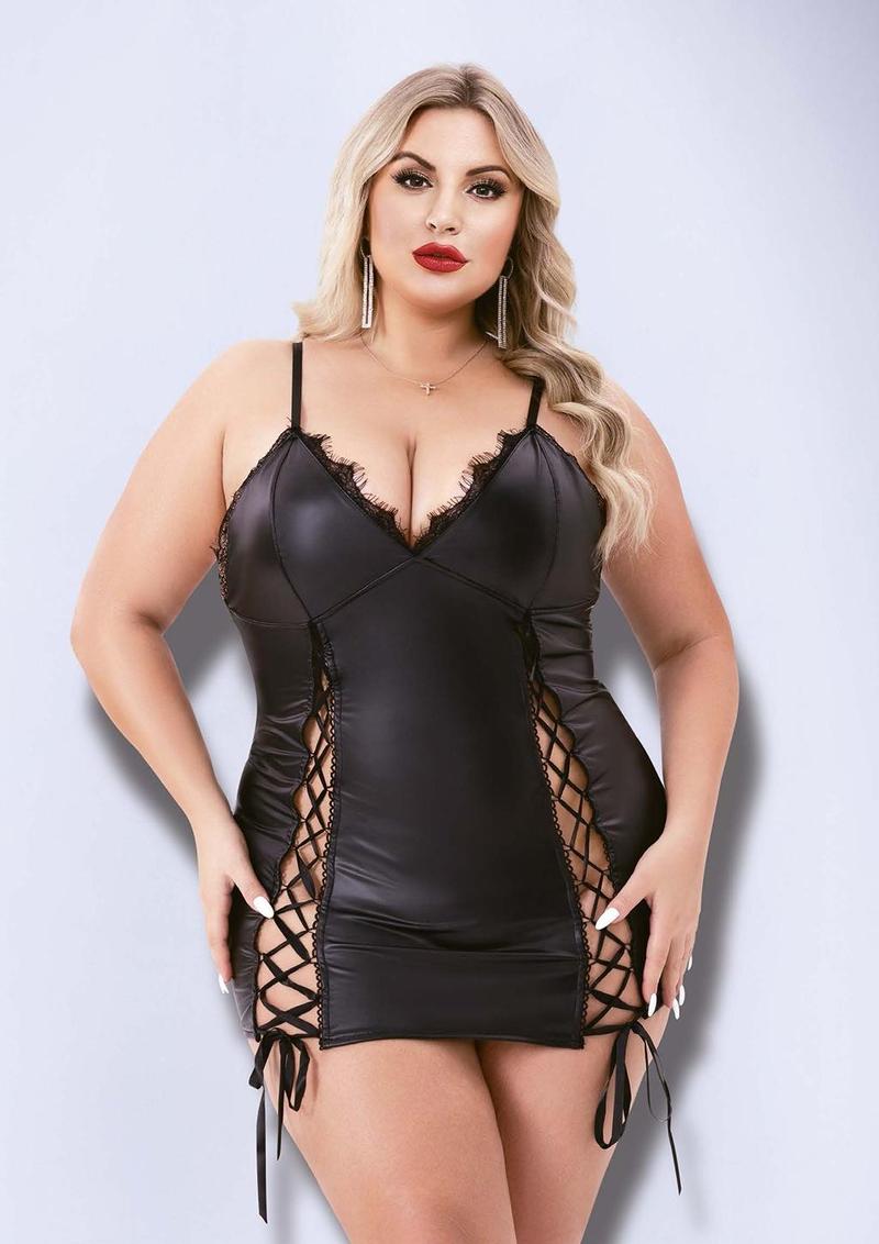 Lace-Up Wetlook Mini Dress-Q
