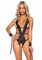 Leg Avenue Cage Strap Crotchless Lace Teddy with G-String Back and Open Cup, Tie Back Straps and Restraint Wrist Cuffs
