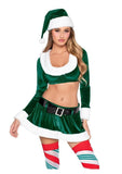Leg Avenue Hoho Hottie, Velvet Crop Top with Faux Fur Trim, Mini Skirt, Belt and Santa Hat - Green/White - XSmall - 4 Piece