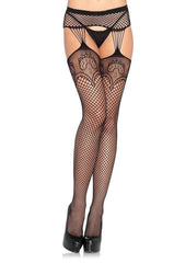 Leg Avenue Industrual Net Stocking with Dutchess Lace Top and Attached Multi-Strand Garter Belt - Black - One Size
