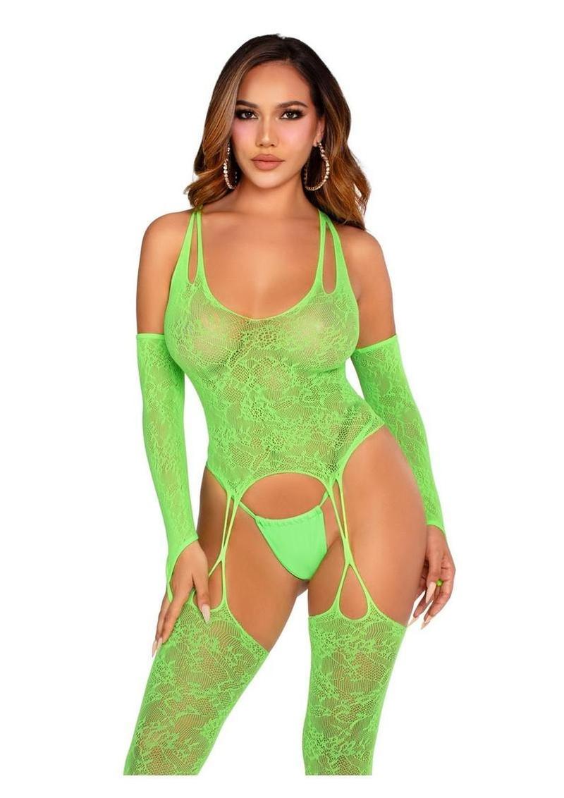 Leg Avenue Lace Halter Footless Cami Garter with Attached Toe Loop Stockings and Arm Warmers - One Size - 2 Piece