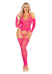Leg Avenue Lace Halter Footless Cami Garter with Attached Toe Loop Stockings and Arm Warmers