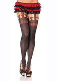 Leg Avenue Marquee Print Spandex Sheer Pantyhose with Faux Garterbelt Detail - Black/Red - One Size
