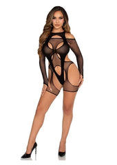 Leg Avenue Off-The-Shoulder Fishnet Garter Harness and Layered Opaque Cut-Out Teddy