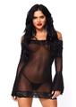 Leg Avenue Off The Shoulder Lace Trimmed Mesh Mini Dress with Lace Bell Sleeves and Matching G-String