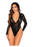 Leg Avenue Rhinestone Lace Deep-V High Cut Bodysuit - Black - One Size