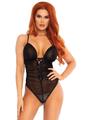 Leg Avenue Scalloped Trimmed Sheer Ruched Lace Up Teddy with Cross Over Back Straps