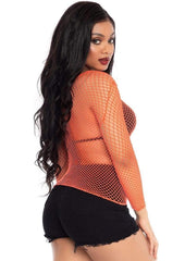 Leg Avenue Spandex Long Sleeved Industrial Net Shirt - Coral/Orange - One Size