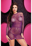Long Sleeve Open Back Mini Dress - Purple - One Size