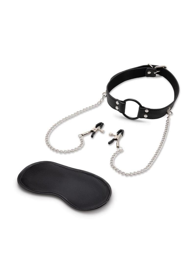 Lux Fetish Open Mouth Gag with Nipple Clips - Black