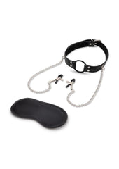 Lux Fetish Open Mouth Gag with Nipple Clips - Black