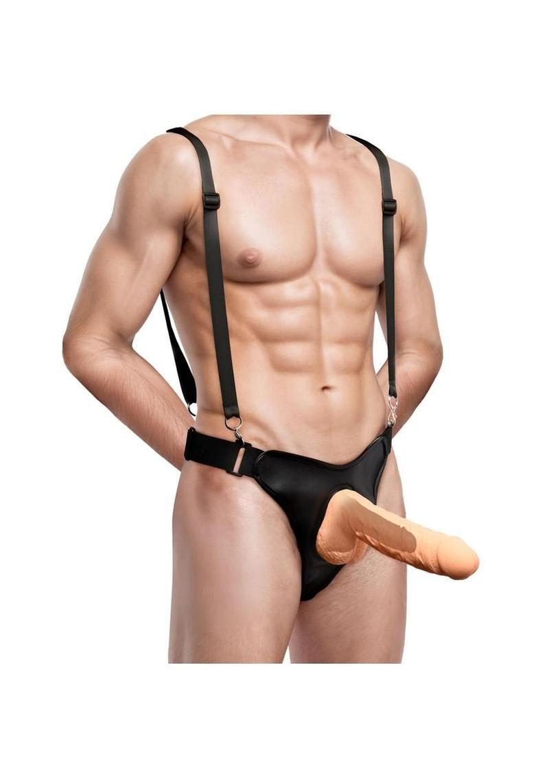 Master Series Magnum Hollow Silicone Dildo with Harness - Vanilla - 9in
