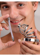 Master Series Stainless Steel Chastity Cage with Silicone Urethral Plug