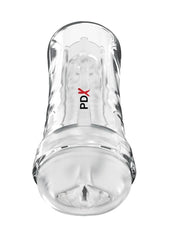Pdx Extreme Wet Pussies Super Luscious Lips Control Freak Self Lubricating Vibrating Stroker with Remote - Pussy - Clear/Frost