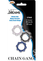Wet Dreams Chain Gang Cock Rings - Assorted Colors/Black/Blue/Clear - 3 Each Per Pack